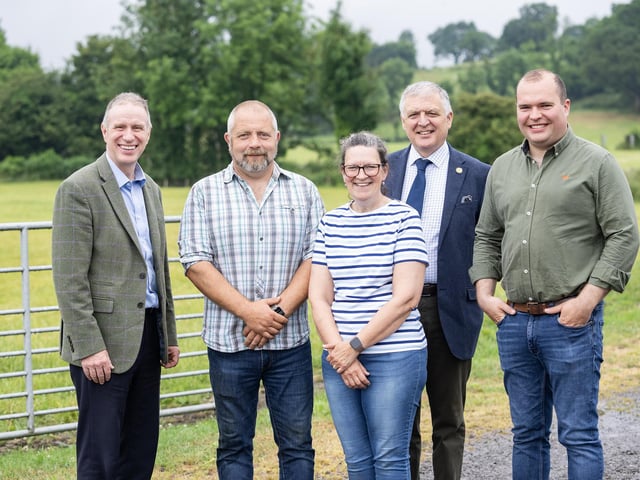 Alan Galbraith, Head of College Support Service, CAFRE, Rodney and Emma Balfour from Mullygarry Farm, William Irvine, deputy president Ulster Farmers’ Union and Richard Primrose, agri-business manager Bank of Ireland. Pic: PulsePR
