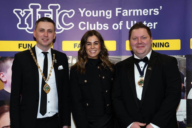 Councillor Jason Barr, deputy mayor of Derry City and Strabane District Council, Annie Hilley and Stuart Mills, YFCU president at the arts YFCU festival gala at the Millennium Forum in Londonderry. Picture: YFCU