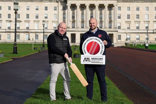 Lisburn-based company Mercury Security & Facilities Management (MSFM) has been unveiled as the new title sponsor of the Northern Cricket Union (NCU) Senior Leagues. MSFM will enjoy exclusive naming rights across NCU’s senior leagues in a three-year partnership that will see all competitions rebranded under the Mercury name – including the Men’s Premier League, Sections 1, 2 and 3, the Women’s Premier League and Women’s Senior League Section 1. Launching the new sponsorship at Stormont are Mercury Managing Director Liam Cullen (left) and NCU Chief Executive Callum Atkinson.