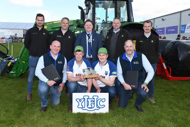 Members from Co Antrim who placed first in the machinery handling competition with representatives from Johnston Gilpin and Co, YFCU president, Stuart Mills and judges from CAFRE