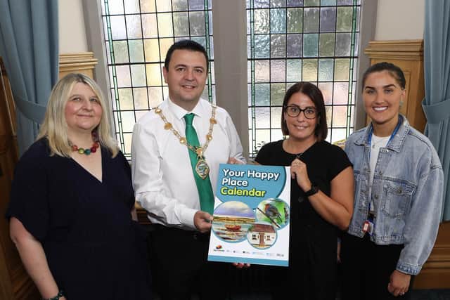 Mayor Ruairí McHugh with DCSDC Age Friendly officer Pauline O'Neill. On the left is Alison Forbes, South West Aged Partnership, and right is Ellie Leonard, Western Health and Social Care Trust. Photo: Tom Heaney, nwpresspics