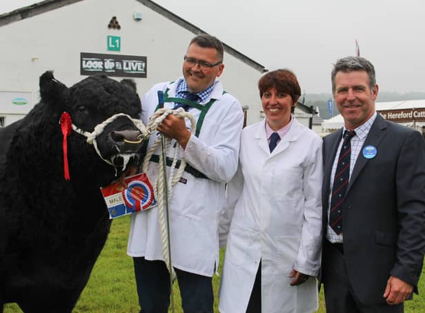 Jason and Sarah Wareham with their 2019 Great Yorkshire Show Galloway champion Welling of Kilnstown with judge John Teare, Isle of Man.