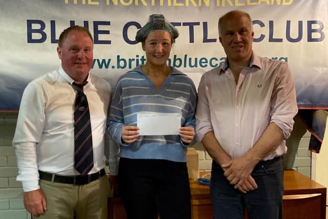Oliver McCann (NI Blue Cattle Club Chairman) ,John O’Kell (Judge),  Lucy Rodgers. (Pic: NI Blue Cattle Club)