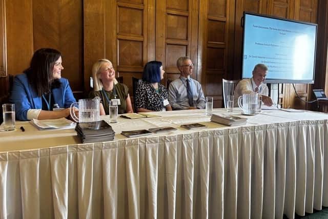 --Our Special Places Pic 3: The discussion panel at the Stormont launch of the Our Special Places video series. Shown are Grainne O’Connor (Cuilcagh Lakelands UNESCO Global Geopark), Dr Kirstin Lemon (Geological Survey of Northern Ireland), Nikki MacRae (Belfast UNESCO City of Music), Dr David Johnston (Moravian Church Settlements: UNESCO World Heritage Site) and panel chair Professor Patrick McKeever (former Head of Earth Sciences at UNESCO).