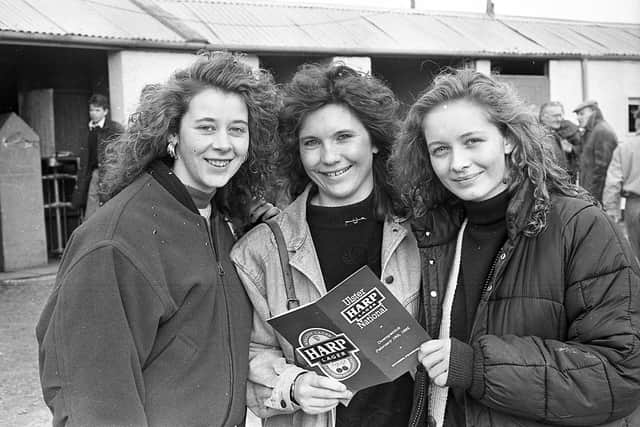 Pictured at the Harp National in Downpatrick in February 1992 are Karen McKenzie, Hilary Gibson and Julia Murdoch who were all from Comber. The star of the national was Desert Orchid. The News Letter reported that he “strutted, proud and tall, around the race track to loud and eager applause, looking every bit the champion”. Fans had turned out to get a close look at the grey who had retired from racing two years previously. Picture: News Letter archives