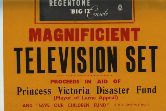 A poster advertising a fundraising raffle to win a television in aid of the Princess Victoria Disaster Fund, 1953. Picture: PRONI