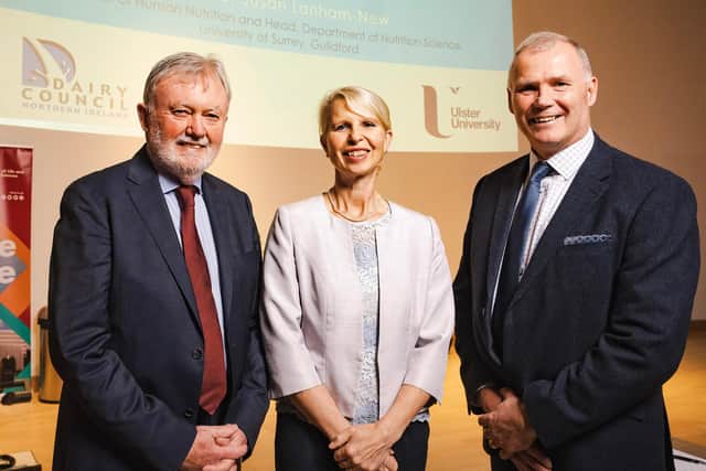 Professor Sean Strain OBE, Emeritus Professor of NICHE (Ulster University), Professor Susan Lanham-New, and Norman Thompson, Chair of the Dairy Council for Northern Ireland.