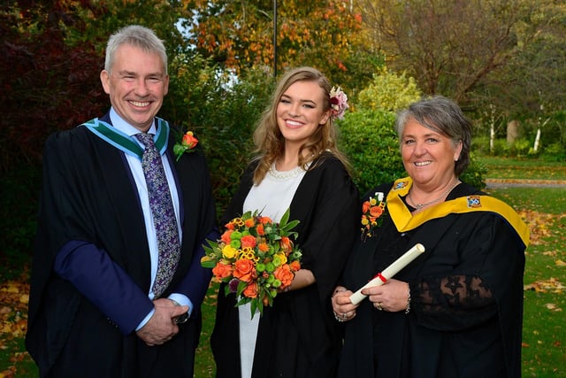 Jessica Boyd (Kilrea) was presented with the Department of Agriculture, Environment and Rural Affairs Prize awarded to the top Level 3 Advanced Technical Diploma in Floristry student. Congratulating Jessica are Paul Mooney (Head of Horticulture, CAFRE) and her Lecturer Anne-Marie Grant.