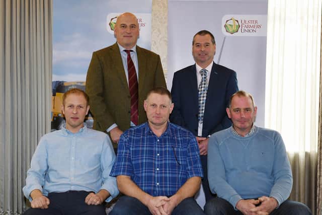 Spring barley: L-R is Back row John McLenaghan (UFU deputy president), Mark McCollum (UFU Seeds & Cereals chair). Front row Campbell Kee (2nd place), Paul
Russell (1st place) and George Alcorn (3rd place).