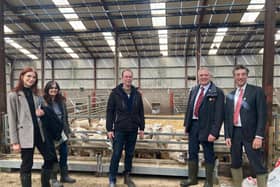 Roger and Hilary Bell’s farm: (L-R) CCC communications and design officer Evie White, CCC senior analyst Indra Thillainathan, farmer Roger Bell, UFU president William Irvine and chair of the CCC Piers Foster.