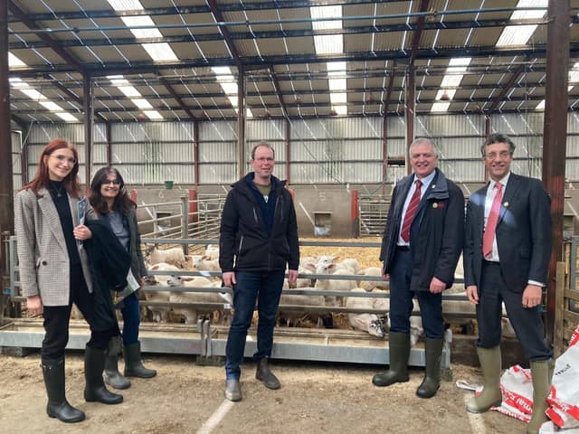 Roger and Hilary Bell’s farm: (L-R) CCC communications and design officer Evie White, CCC senior analyst Indra Thillainathan, farmer Roger Bell, UFU president William Irvine and chair of the CCC Piers Foster.
