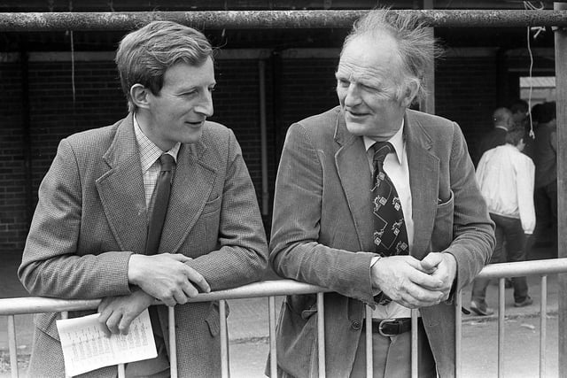 Mr John Kidd and Mr Robert Mulligan, both of Banbridge, pictured in August 1982 at the Suffolk sheep judging at the breed show and sale at Balmoral. Picture: Farming Life/News Letter archives