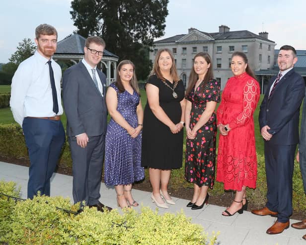 Andrew Dunne, vice chairperson, Paddy Jordan, Leinster vice president, Aishling O'Keeffe, Munster vice president, Elaine Houlihan, national president, Josephine O’Neill, national chairperson, Stephanie Blewitt, national secretary, Robert Lally, North West vice president, Shane Dolphin, board member, and Hugh Brown, national treasurer. Picture: Macra