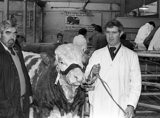 Mr Bertie Watterson of Magherafelt, Co Londonderry, pictured in November 1982 with a young bull at a Simmental Club show and sale which was held at the Automart in Portadown. Holding the bull is stock manager Mr Andrew Patterson. Picture: Farming Life/News Letter archives