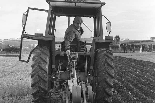 They had been ploughing straight furrows at Groomsport, Co Down, at the end of January 1992. Competitors from all over the province showed of their expertise at the Newtownards Young Farmers’ Club ploughing match. Pictured is Raymond McAteer of Millisle, Co Down. Picture: Farming Life/News Letter archives