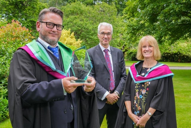 The Department of Agriculture, Environment and Rural Affairs Prize was awarded to Peter Brown (Cookstown) for achieving the highest marks on the MSc in Business for Agri-Food and Rural Enterprise course. Peter received his award from Norman Fulton (Head of Food and Farming Group, DAERA) and was congratulated by Teresa McCarney (Senior Lecturer, Loughry Campus). Pic: CAFRE