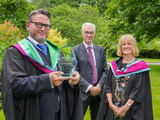 The Department of Agriculture, Environment and Rural Affairs Prize was awarded to Peter Brown (Cookstown) for achieving the highest marks on the MSc in Business for Agri-Food and Rural Enterprise course. Peter received his award from Norman Fulton (Head of Food and Farming Group, DAERA) and was congratulated by Teresa McCarney (Senior Lecturer, Loughry Campus). Pic: CAFRE