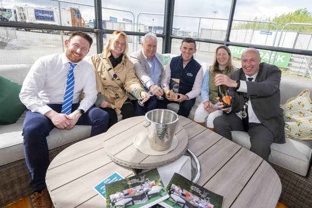 The award for the Best Trade Stand Over 50sqm was presented to Euro Garden & Home, Belfast. Left to right: Dermot McCracken from sponsor Donnelly Group joins judge Amanda Day and father-son duo Brian and Brian Canavan from Euro Garden & Home alongside judge Corrie Ince and RUAS President David Cunningham.