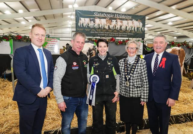 The third placed Best Kept Dairy Stall at the 36th Royal Ulster Winter Fair in association with sole sponsor Danske Bank was won by Slatabogie Holsteins. Pictured: Danske Bank’s Mark Noble, Leanne and Alan Paul, RUAS President Christine Adams and Trade Stand Judge Ian Wilson. Picture: Brian Thompson