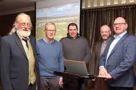 Professor Nigel Scollan (right) Director of the Institute for Global Food Security, and guest speaker at Fermanagh Grassland Club with (from left) Guy Benians, who spoke to members about grassland fertilization; Philip Clarke, club treasurer; Roland Graham, chairman and William Johnston, secretary.