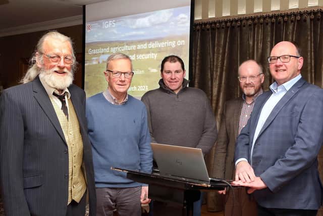 Professor Nigel Scollan (right) Director of the Institute for Global Food Security, and guest speaker at Fermanagh Grassland Club with (from left) Guy Benians, who spoke to members about grassland fertilization; Philip Clarke, club treasurer; Roland Graham, chairman and William Johnston, secretary.