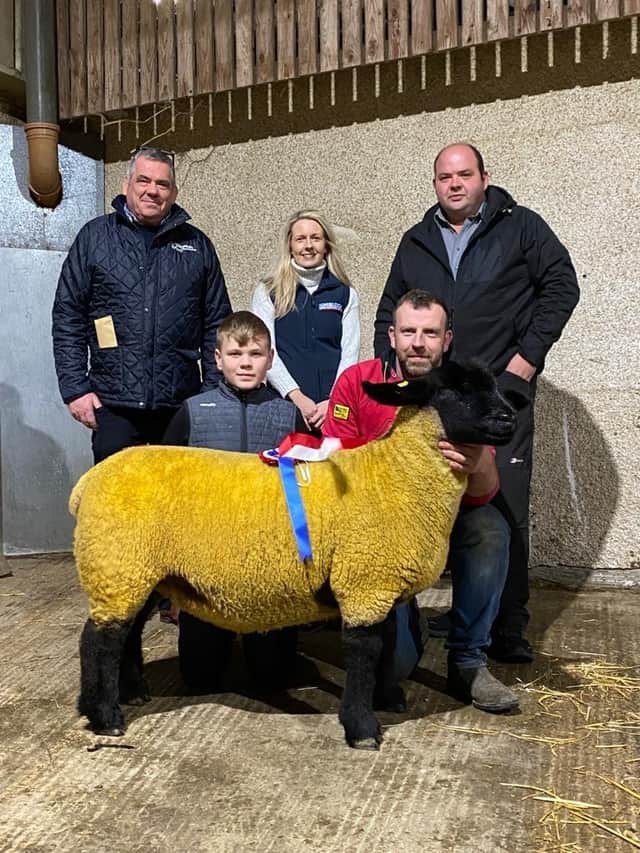 1st Prize Gimmer and Overall Champion from Michael & Caolan McNally NI Branch Ewe Sale with Amanda Dunn representing Uniblock