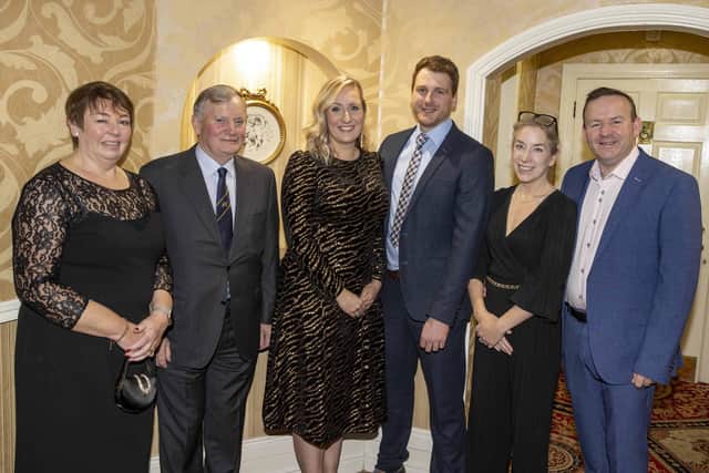 Holstein NI vice-chairman Jonny Lyons, and his wife Cheryl,  centre, are pictured at the club’s annual dinner in Ballymena, with special guests Richard Whelan, president IHFA, and his wife Kate; Laurence Feeney, chief executive, IHFA, and his wife Karen. Picture: Kevin McAuley/McAuley Multimedia
