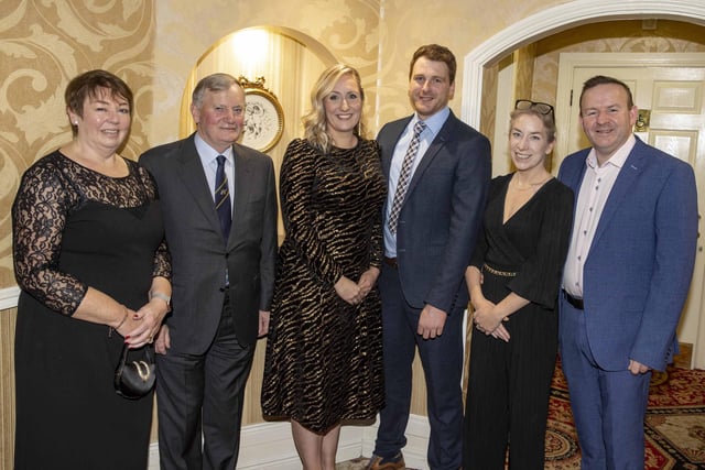 Holstein NI vice-chairman Jonny Lyons, and his wife Cheryl,  centre, are pictured at the club’s annual dinner in Ballymena, with special guests Richard Whelan, president IHFA, and his wife Kate; Laurence Feeney, chief executive, IHFA, and his wife Karen. Picture: Kevin McAuley/McAuley Multimedia