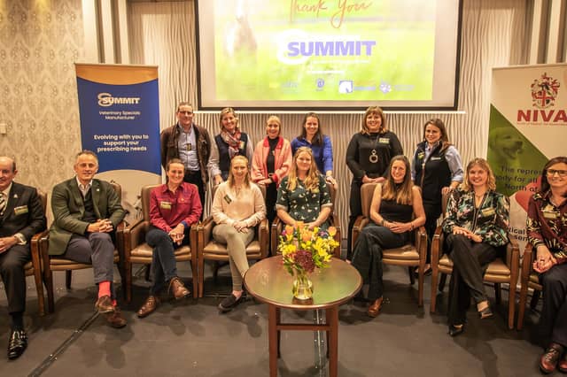 Front row (Left to right): David Greenwood (Farriers Registration Council), Roly Owers (CEO, World Horse Welfare), Abby Bunyard (President BFBA), Ashley Robinson (CAFRE), Tamzin Furtado (Uni of Liverpool), Helen Spence (Spence Horse Sense), Julia Shrubb (CANTER), Nicola Connery (DAERA). Back row (Left to right): Michael Pratt (NIVA), Susan Cunningham (NIVA), Kirsten Dunbar (NIVA President), Quirine Tettelaar (NIVA), Esther Skelly-Smith (NIVA), Rachel Bell (SUMMIT Sponsor)