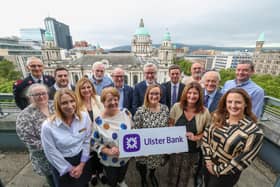 Terry Robb, Head of Personal Banking, Ulster Bank (back row, centre) pictured with colleagues and representatives from the charities which recently benefitted from the package of support provided by Ulster Bank. Also pictured are Ulster Bank colleagues Lee White, (back row, fourth from right); John Ferris (back right) and Tracey Saddlier (front left) who have worked closely with some of the recipient organisations. Pic: Matt Mackay