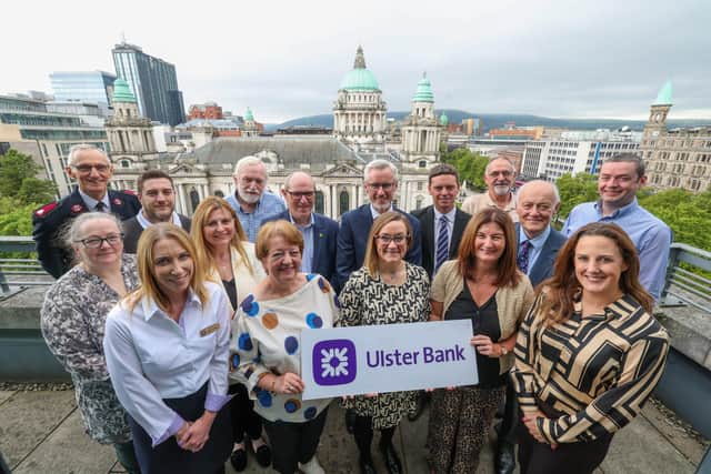 Terry Robb, Head of Personal Banking, Ulster Bank (back row, centre) pictured with colleagues and representatives from the charities which recently benefitted from the package of support provided by Ulster Bank. Also pictured are Ulster Bank colleagues Lee White, (back row, fourth from right); John Ferris (back right) and Tracey Saddlier (front left) who have worked closely with some of the recipient organisations. Pic: Matt Mackay