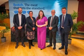 Niall Jeffrey, beef and arable farmer, Kate Rowell, QMS chair, Sarah Millar, QMS chief executive, Jim Fairlie MSP, Minister for Agriculture, Marine and the Islands, and Murdo Fraser MSP