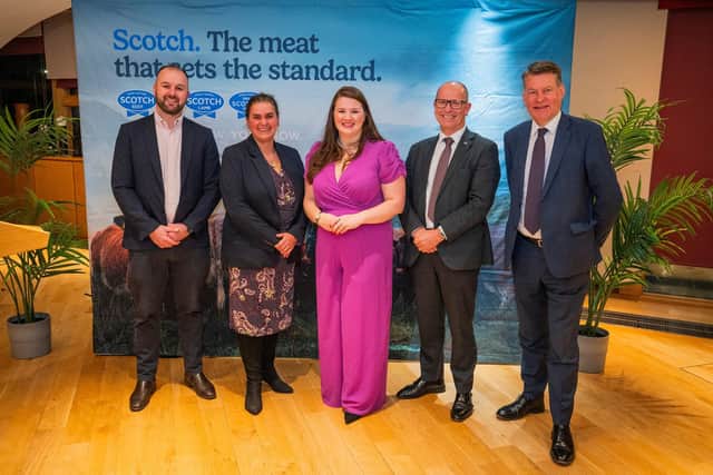 Niall Jeffrey, beef and arable farmer, Kate Rowell, QMS chair, Sarah Millar, QMS chief executive, Jim Fairlie MSP, Minister for Agriculture, Marine and the Islands, and Murdo Fraser MSP