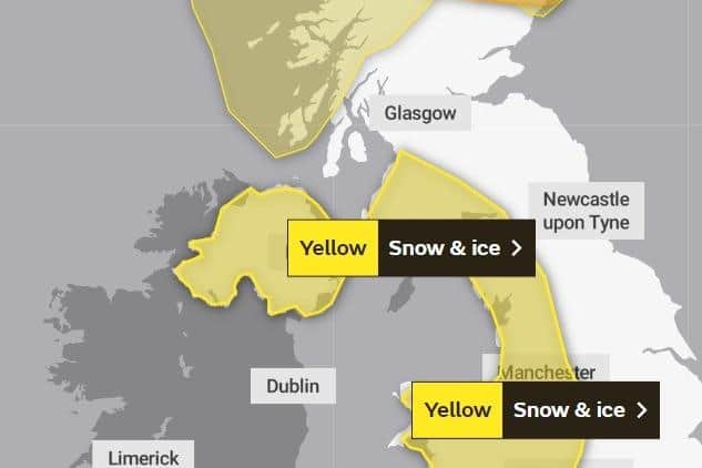 The Met Office has issued a yellow weather warning for snow and ice across all areas of Northern Ireland, with up to 15cm of snow possible on hills in northern parts. Image: Met Office