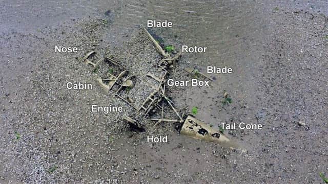 Drone image of helicopter labelled. Image courtesy of DAERA
