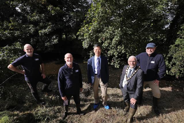 Gerry Darby, Dr Michael Meharg and Gary McErlain of Lough Neagh Partnership, are pictured with Consul General Mr Li Nan and Mayor of Antrim and Newtownabbey, Councillor Henry Cushinan, during a visit to Forthouse Farm, where they saw the achievements of the Lough Neagh Group Farm Schemes which are managed by the Lough Neagh Partnership and funded under the Department of Agriculture, Environment and Rural Affairs (DAERA).   .