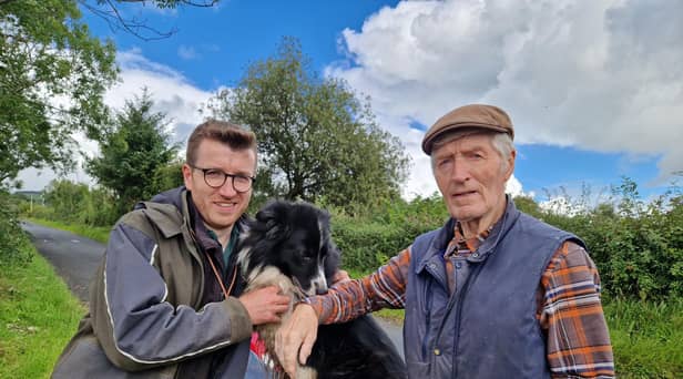 UFU member Peter McCann and father Denis pictured with sheepdog Ben on their farm outside Limavady.