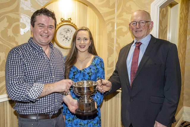 David and Zita McNaugher, Mullaugher Herd, Aghadowey, won the Norbrook Cup for the champion bull at Kilrea. They received the award from Holstein UK chairman Michael Smale. Picture: Kevin McAuley/McAuley Multimedia