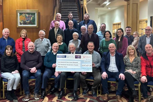 The Livingstone Family and committee members along with Ben Sergeant presented the proceeds of £49,142 to Jenny and Jim Irwin for the Children’s Hospice, £49,142 to Myrtle and Neville Pogue for the Southern Area Hospice and £49,142 to Liz and James McCarragher and Tom Hadden for the Air Ambulance NI.