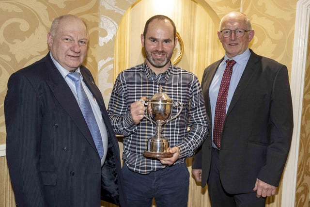 Jason Booth, Stewartstown, was the winner of the best large herd in the senior section of the herd competition. Adding their congratulations are Padraig O’Kane, Trioliet, sponsor; and Holstein UK chairman Michael Smale. Picture: Kevin McAuley/McAuley Multimedia