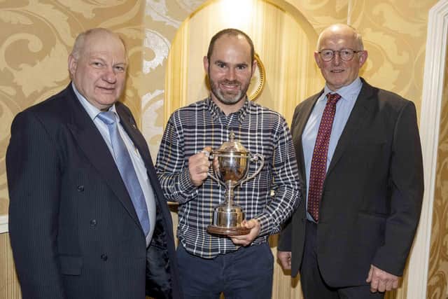 Jason Booth, Stewartstown, was the winner of the best large herd in the senior section of the herd competition. Adding their congratulations are Padraig O’Kane, Trioliet, sponsor; and Holstein UK chairman Michael Smale. Picture: Kevin McAuley/McAuley Multimedia