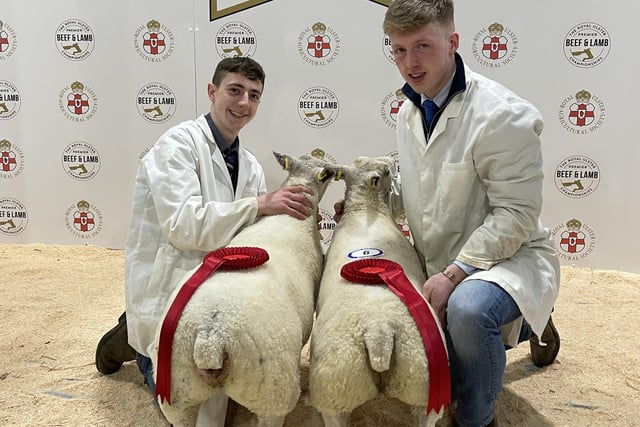 The best pair of Charollais lambs (36-42.5kg) at the 2022  Royal Ulster Premier Beef & Lamb Championships was exhibited by Michael and Kile Diamond from Garvagh. 
Pictured (L-R) Kile Diamond and Peter Mullan.