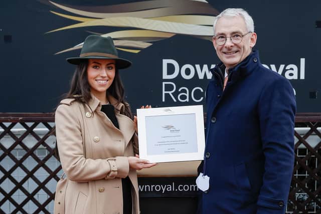 Aimee Dixon of MetCollect presents Anthony Bromley with the trophy after Mongibello’s win  in the bumper Bromley also racing manager to the owners Simon Munir and Isaac Souede. Anthony Bromley, racing manager, with the award. (Photo by Philip Magowan / Press Eye)