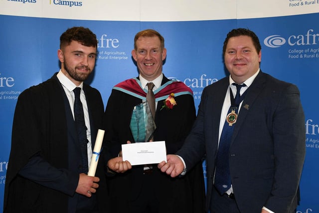 The Young Farmers’ Clubs of Ulster Prize for progress on the Level 3 Advanced Technical Extended Diploma in Agriculture was awarded to Thomas Smyth (Randalstown) by Stuart Mills (President YFCU) and Joe Mulholland (Senior Lecturer, CAFRE)