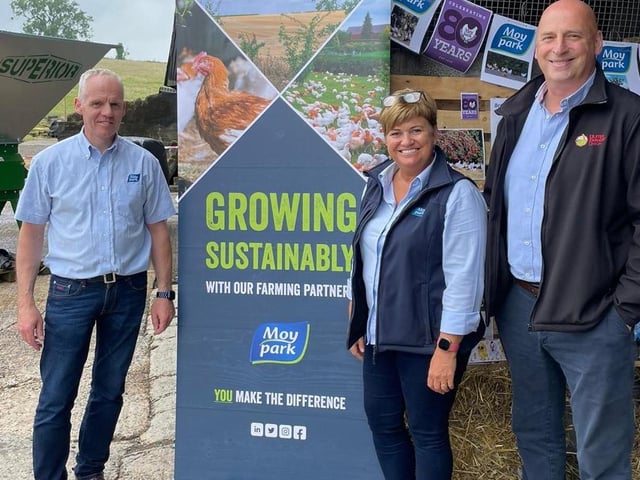Shelby Caldwell and Linda Flannigan from Moy Park with John McLenaghan, deputy president for the Ulster Farmers’ Union on Bessvale Farm. Pic: PulsePR