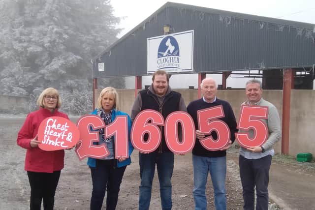 Pictured L to R: Valerie Saunders, NICHS Community Fundraising Co-ordinator, Lynda Domer, Office Administrator, Robert Simpson, Manager, and Edwin Boyd, Director, at Clogher Valley Livestock Producers, and Gareth McGleenon, NICHS Deputy Chief Executive.