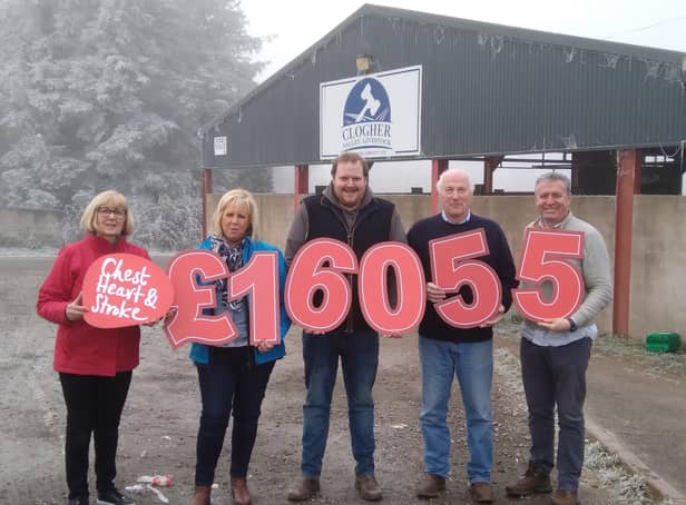 Pictured L to R: Valerie Saunders, NICHS Community Fundraising Co-ordinator, Lynda Domer, Office Administrator, Robert Simpson, Manager, and Edwin Boyd, Director, at Clogher Valley Livestock Producers, and Gareth McGleenon, NICHS Deputy Chief Executive.