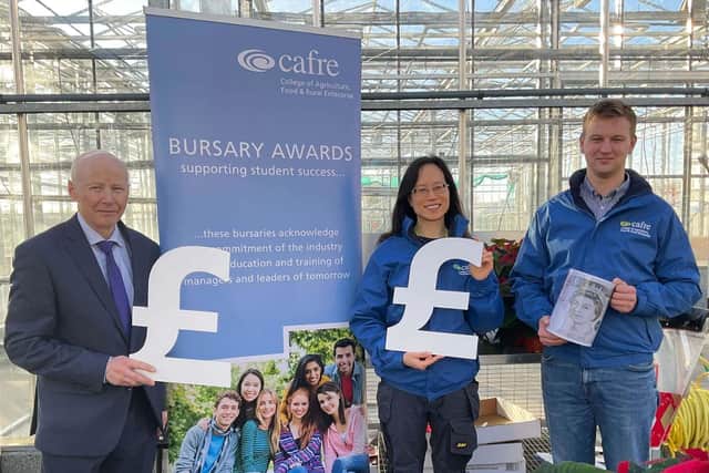 Foundation Degree in Horticulture students Audrey Tam (Castlerock) and Kyle Ross (Randalstown) are looking forward to growing their opportunities to connect with Horticulture businesses through applying to the CAFRE bursary competition. Dr Eric Long (Head of Education, CAFRE) launched the details of the financial awards to the Horticulture Degree students at Greenmount Campus.