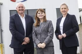 Pictured at the Foyle Food Group in Omagh at the announcement of a major £15million investment are (L-R) Terry Acheson, CEO of Foyle Food Group, Economy Minister Dr Caoimhe Archibald and Gráinne Moody, Director of Food and Drink at Invest NI.