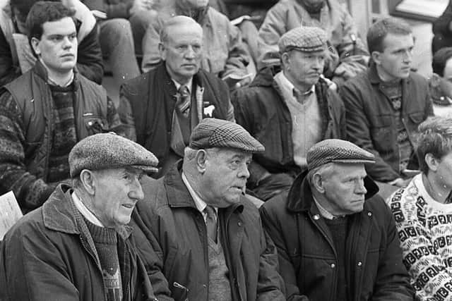 Trade for Limousins at the club sale in the Automart, Portadown, near the end of February 1992, was excellent and followed the trend that had been set in Perth. In this photograph we see some of those who attended watching the sales action at the Automart, Portadown. Picture: News Letter archives
